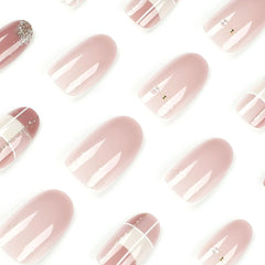 BXOXO Nude Pink Wearable Nail Tip Art Glitter Powder Pearl Rhinestones Fake Nail Full Finished False Nail Press on Nails Glue Manicure