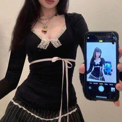 BXOXO Y2K Lace Patchwork Top Contrast Color Women Autumn Spring Ribbon Lace-up Bow Coquette T-shirts Cute Causal Basics Tees