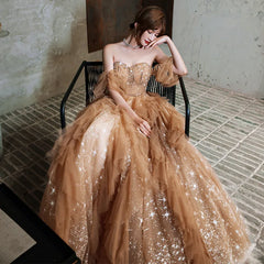 BXOXO Champagne Long Evening Dress Large Hem Design Strapless Off Shoulder Ruffle Beading Sequins Tulle Wedding Formal Party Prom Gown