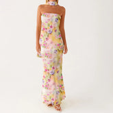 BXOXO Women Flower Tube Top Dress Slim Off Shoulder Sleeveless Long Bodycon Dress with Scarf Summer Formal Party Sundress