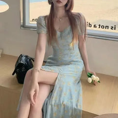 Bxoxo Blue Floral Print Summer Dress Women's High Slit Bubble Sleeve Long Dress Sweet Initial Feeling French Style Tea Break Dress