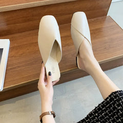 BXOXO Women Mules Summer Elegant Square Closed Toe Flat Slippers Female Shoes Casual Leather Black White Slides Plus Size 35-43