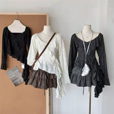 Bxoxo Irregular Patchwork Women T Shirts Y2K Fashion Gothic Ruffled Sleeve Female Tops Streetwear Sexy Hollow Out Hole Casual Tees New