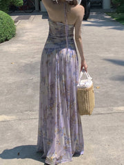 BXOXO Fashion Holiday Style Floral Print Halter Dresses Sleevelwss Slim fit Mesh Fairycore Women Long Dresses