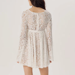 BXOXO Fashion Women Spring Summer Mini Dress White Long Sleeve Square Neck Lace See Through Floral Party Cocktail Dress