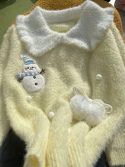 Bxoxo Sweet Faux Mink Cashmere Sweaters Women Kawaii Snowmen Long Sleeve Knitted Pullover Casual Cute Preppy Style Chic Loose Jumpers