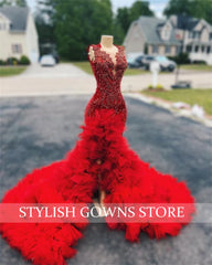 BXOXO Red Long Prom Dress For Black Girls Beaded Crystal Birthday Party Dresses Ruffles Evening Gown Mermaid High Slit Customized