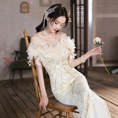 BXOXO Beige white light luxury fairy evening dress new line shoulder waist fish tail banquet evening dress