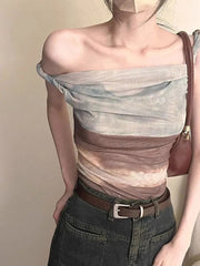 Bxoxo Fashion Tie Dye Mesh Women Vest Y2K Korean Chic Irregular Slim Female Crop Tops Ladies Elegant Bohemian Off Shoulder Tank