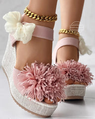 BXOXO Sandals Women's Floral Pattern Bowknot Decor Platform Wedge Espadrilles Platform Bow High Heels Women's Slippers Shoes