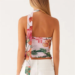 BXOXO Women Y2K Tube Top Mesh Ruched Strapless Crop Top Sexy Floral Print Backless Bandeau Tank Top with Scarf Summer Street
