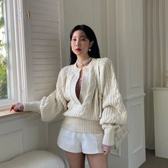 Bxoxo Autumn Lantern Sleeves Knit Sweater for Women Korean Chic V Neck Loose Thick Pullover Y2K Ladies Streetwear All Match Jumpers