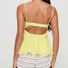 BXOXO Women Ruffle Lace Patchwork Cami Tank Top Deep V Neck Backless A Line Camisole Sexy Low Cut Sleeveless Summer Tops