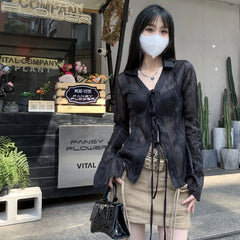 Bxoxo Women Streetwear Shirts Fashion Lace Up Long Sleeve Blouse Korean Y2K Casual Female Loose Sun Protection Shirts Spring New