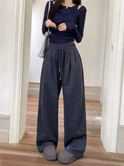 Bxoxo Blue Plaid Wide Leg Pants Women Autumn High Waist Drawstring Loose Casual Trousers Y2K Winter Thick Casual Ankle Length Pants