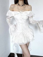 Bxoxo Sweet Ruffle Dress Women Y2K Sexy Off Shoulder Lace Up Long Sleeve Mini Dress Fashion Irregular Party Club Vestidos Mujer