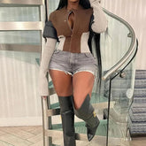 BXOXO Contrast Color Autumn Coats Women Classic Patchwork Long Sleeve Zip-up Slim Fit Jackets Female Warm Trend Casual Outwear