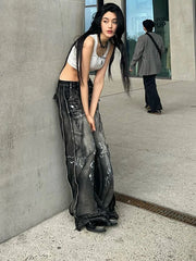 Bxoxo American Retro Hip-hop Jeans Women Street Style Trend Tie-dye Loose Straight Pants Washed Distressed Denim Trouser