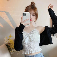 BXOXO Summer Lace Bow Camisole for Women Pleated Crop Tops Vintage Clothes Harajuku Solid Sexy Ladies Sweet Elegant Camisole