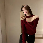 Bxoxo Vintage Knitting Short Tops Tees Spring Autumn New Long Sleeve Slash Neck Solid Slim Bottoming Shirt Sexy Fashion Women Clothing