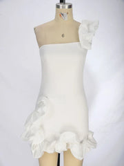 BXOXO Elegant White Mini Dresses 3D Flower Luxury One Shoulder Sleeveless Pleated Cocktail Party Evening Bodycon Dress Female