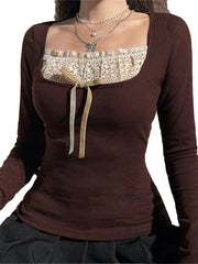 Bxoxo Y2k Women's Long Sleeve Knitted Tops Lace Stitching Neckline Knitwear Bowknot Decoration Slim-Fit Tshirt Pullovers Clubwear