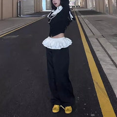 Bxoxo Y2k Black Vintage Women Skirt Pants Kawaii Patchwork Harajuku Korean Style Sweatpants Wide Leg Baggy Trousers Youthful