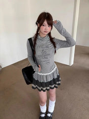 Bxoxo Korean Style Gray T-shirt Women Vintage Polka Dot Long Sleeve Tees Y2k Fashion Lace Patchwork Slim Streetwear T-shirt