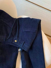 Bxoxo Navy Corduroy Casual Pants for Women Fall Plush Thick Streetwear Lace Up Wide Leg Pants High Waist All Match Straight Trousers