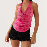 BXOXO Women Halter Tops Summer Beaded Floral Pattern Backless Shirts Vest for Streetwear Y2K Aesthetic Grunge Clothes