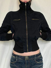 BXOXO Y2k Vintage Streetwear Medium-high Neckline Zipper Jacket Tops All Match Waist Slimming Woven Short Coats Korean Solid