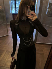 Bxoxo Black Gothic Halter Neck Vest 2 Piece Set Women Y2K Sexy Slim See Through T Shirts Aesthetic Streetwear Punk Camis Sets Mujer