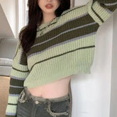 Bxoxo Women's Trendy Contrast Color Striped Chic Sexy Crop Tops Y2K Streetwear Female O Neck Long Sleeve Slim Pullover Knitted Sweater