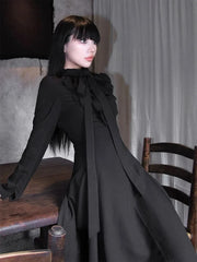 Bxoxo Y2K Gothic Black Midi Dress Women Autumn Japanese Hepburn Style Lace Up Slim Dress Female All-Match Bow Dark Academic Vestidos
