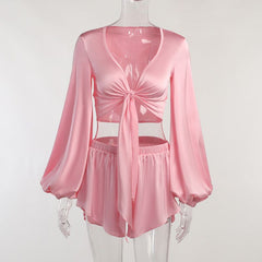 Pretty In Pink Satin Tie Up Crop Top & short Set