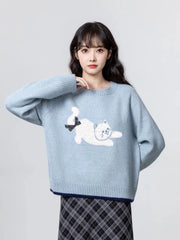 Bxoxo Cartoon Cat Print Kawaii Sweaters Women Sweet Bow Long Sleeve Cute Knitted Jumper Vintage Japan O Neck Casual Loose Pullovers