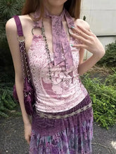 BXOXO Gothic Print Halter Tops Sleeveless Lace Up Crop Tops Y2k Vintage Tank Tops 2000s Japanese Fairycore Streetwear Summer