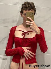BXOXO Mesh Cyber Y2k Bandage Sexy Casual T-shirts Gothic Punk Square Neck Skinny Crop Tops Women Ruched Long Sleeve Blouses
