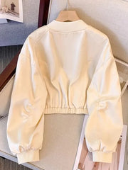 Bxoxo Baseball Y2K Satin Jackets Women Slim Long Sleeve Streetwear Vintage Short Coats Vintage Korean Pockets O Neck Fall Winter Tops