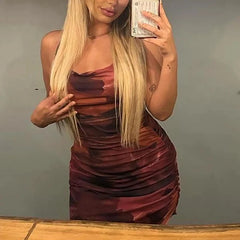 BXOXO Women's Printed Spaghetti Maxi Dress Sexy Backless Strap Cleavage Body-shaping Dresses Lace-up Robe Hipster Streetwear