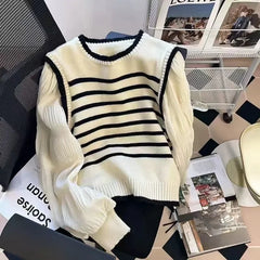 Bxoxo women Black and white striped fake two-piece knitted sweaters pring and autumn Korean soft glutinous pullover sweater female