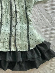 Bxoxo Sweet Sexy Slim Fitting Patchwork Polka Dot Ruffle Elegant Puff Short Sleeve Tops Design Solid Tierred Mini Skirt 2-piece Set