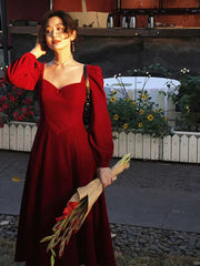 Bxoxo Elegant Velvet Midi Dress Women Vintage Korean Slim V Neck A Line Fairy Dress Female Autumn Long Sleeve All-Match Party Vestidos