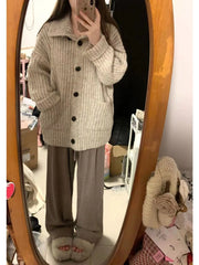 Bxoxo Slouchy Knit Cardigan for Women Rib-knit Pockets Front High Neck Button Up Sweater Jacket Coat Female Autumn Winter Basic Outfit