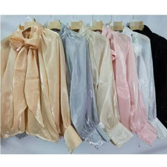 Bxoxo Shirts & Blouses Elegant Bow Lace Up Women Fashion Sleeve Blusas Mujer 2025 Early Autumn Perspective Casual All-match Blouses