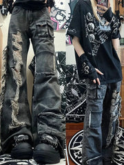 BXOXO American Heavy Hole Denim Cargo Pants Y2k E-Girl High Waist Street Straight Trousers 2025 Summer New Loose Bell Bottom Jeans