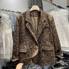 Bxoxo Fashion Leopard Print Blazer Women Autumn Loose Streetwear Double Breasted Casual Coat Korean Elegant Office Lady Suit Outerwear
