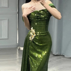 BXOXO CustomizedLuxury Off The Shoulder Green Sequins Mermaid Evening Dress Sexy Strapless Glitter High Slit Prom Formal Gowns Vestido