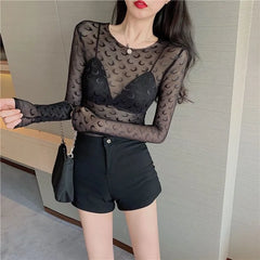 BXOXO Fashion Moon See Through Mesh Bottoming T-shirts 2025 Summer Sexy Slim Fit Tops Women Y2k Grunge Long Sleeve Black Tee Shirt