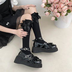 BXOXO Y2K Metal Chains Punk Gothic Shoes Women Black Patent Leather Buckle Strap Wedges Pumps Woman Thick Platform Rivet Lolita Shoes